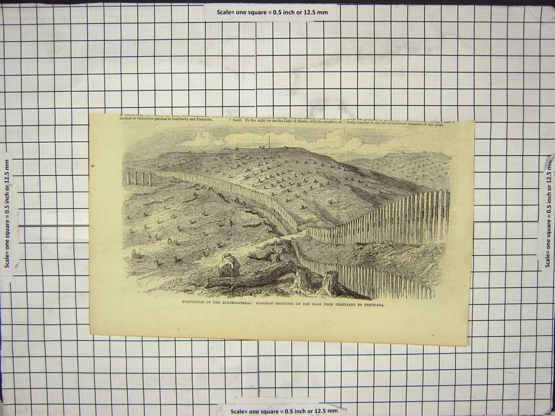 Original Old Antique Print Evacuation Auadrilateral Austrian Redoubts Peschiera