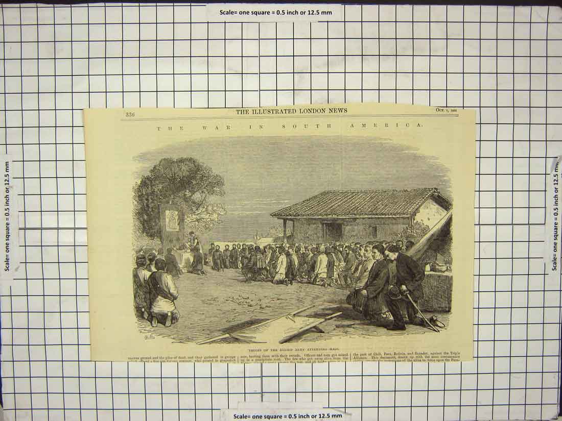 Old Antique Print 1866 War South America Troops Allied Army Mass Service 19th