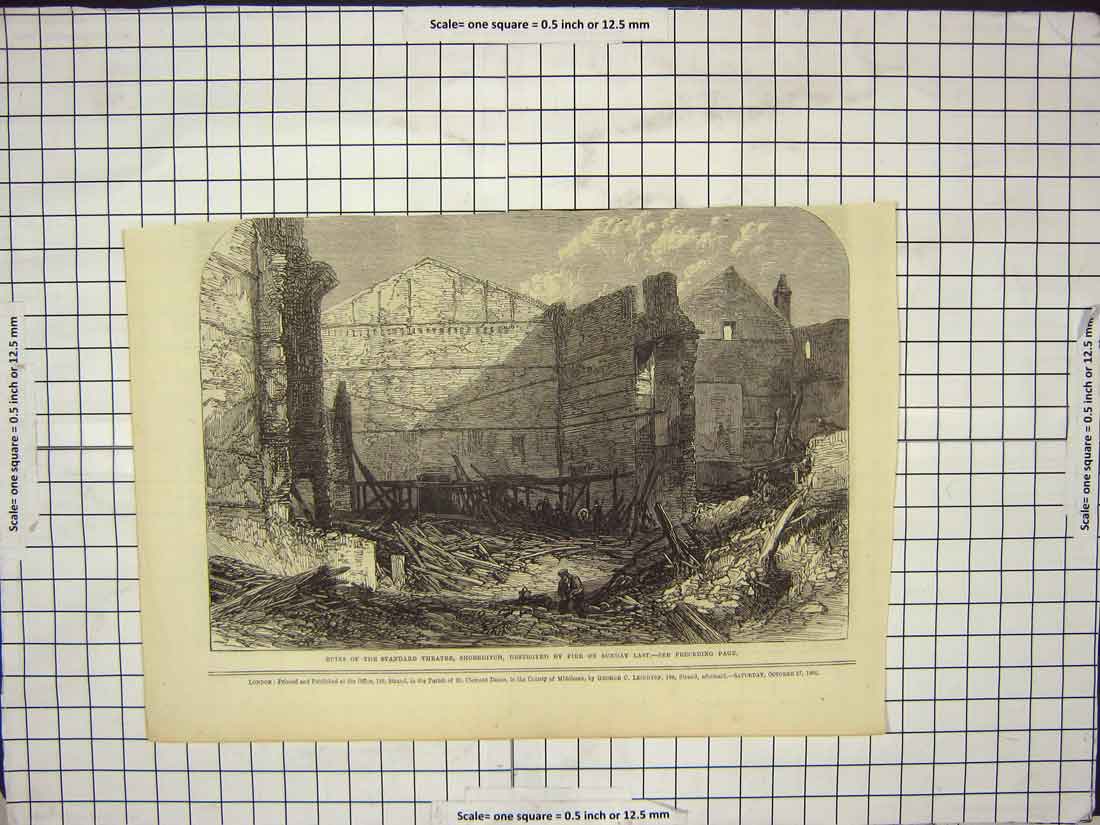 Original Old Antique Print 1866 Ruins Strand Theatre Shoreditch Destroyed Fire