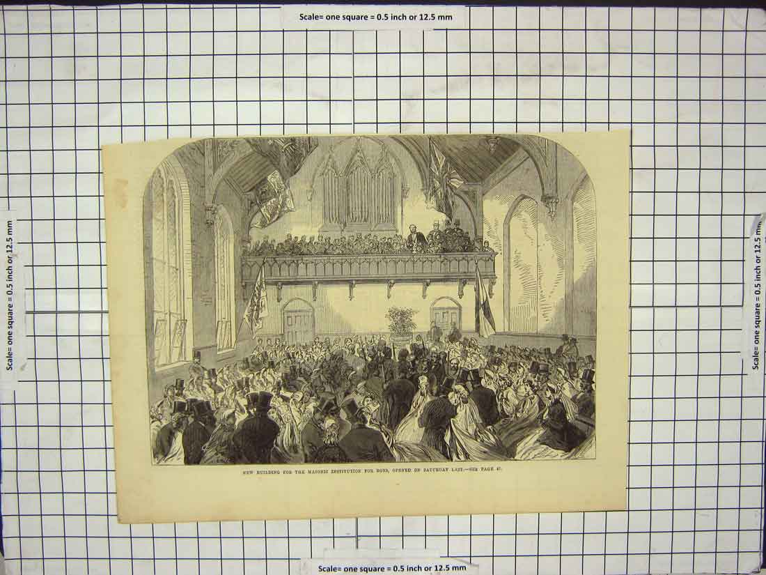 Original Old Antique Print Scene Building Masonic Institution Boys