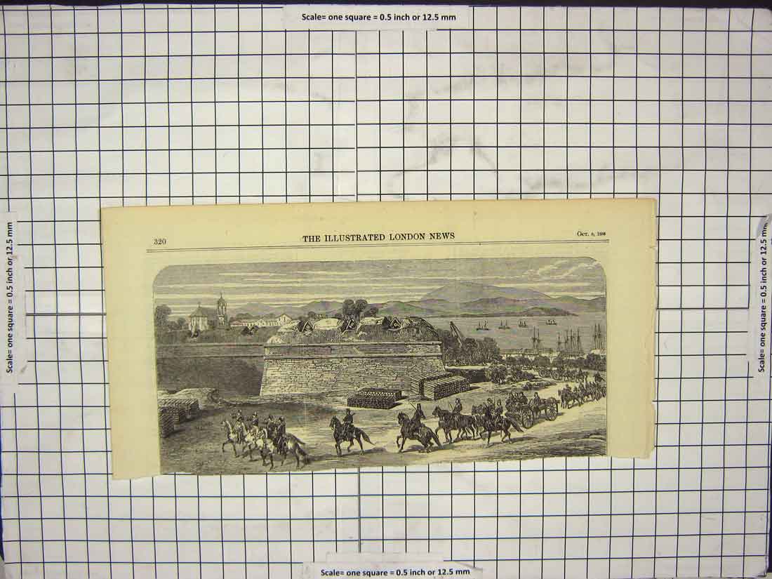 Original Old Antique Print 1866 War Scene Siers Horses Ships 19th