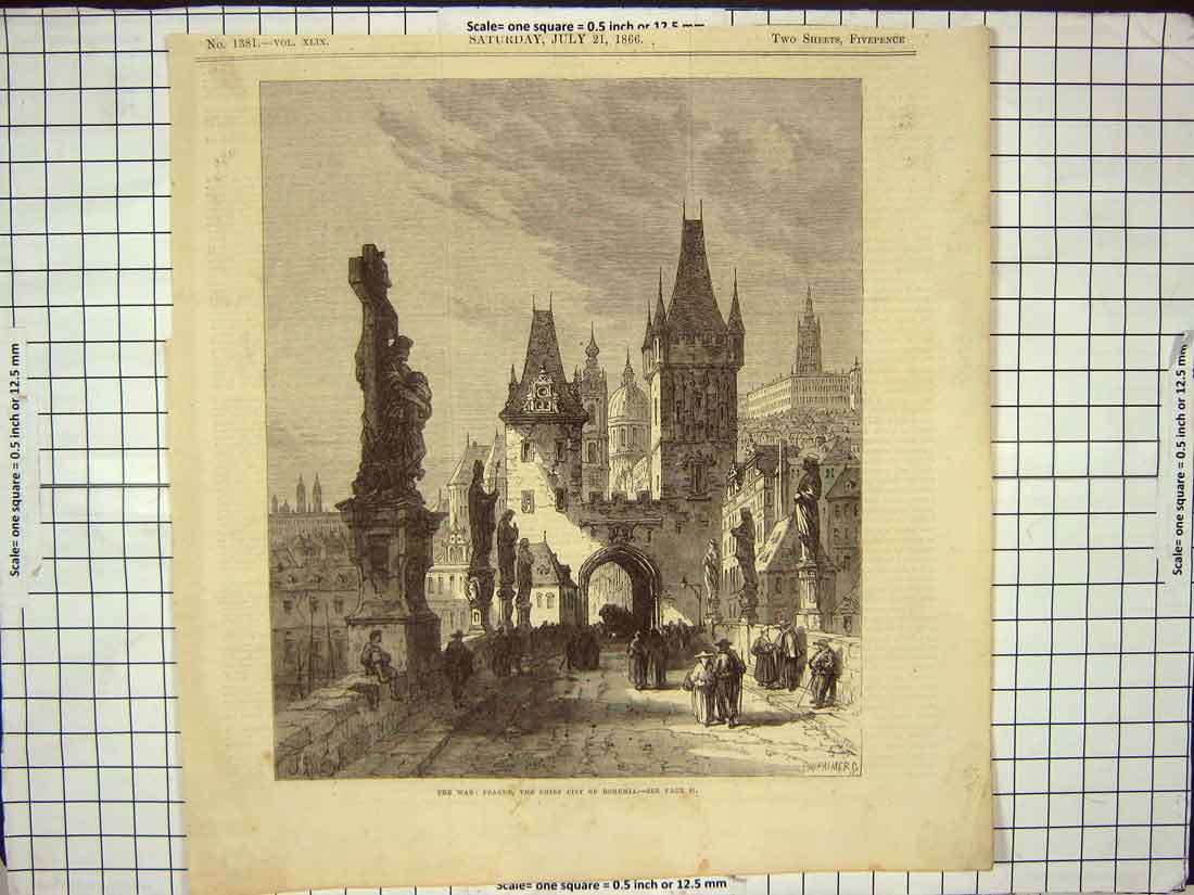 Original Old Antique Print War Prague Chief City Bohemia Architecture