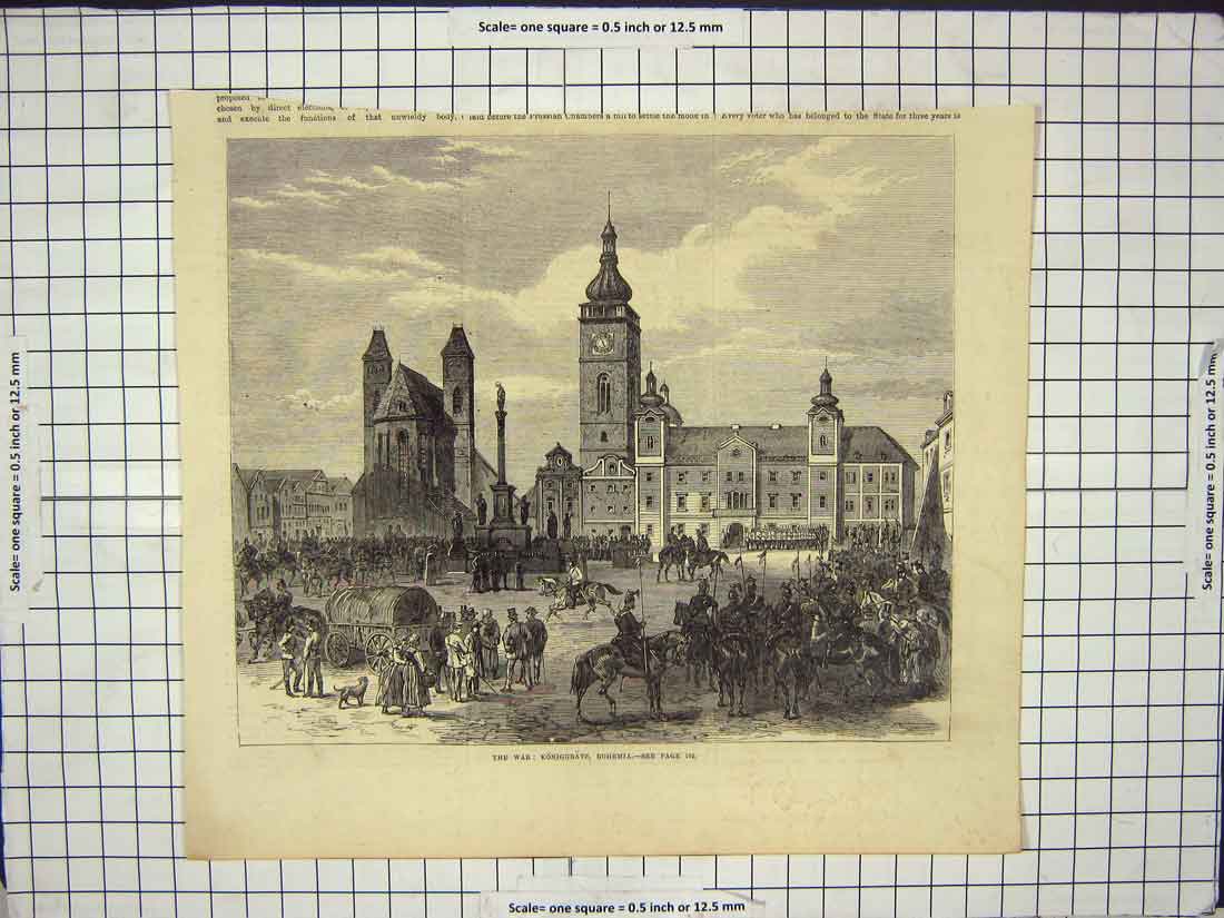 Original Old Antique Print War Koniggratz Bohemia Siers Horses Architcture