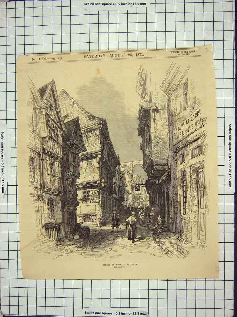 Old Antique Print 1871 Street Scene Morlaix Brittany France Architecture 19th