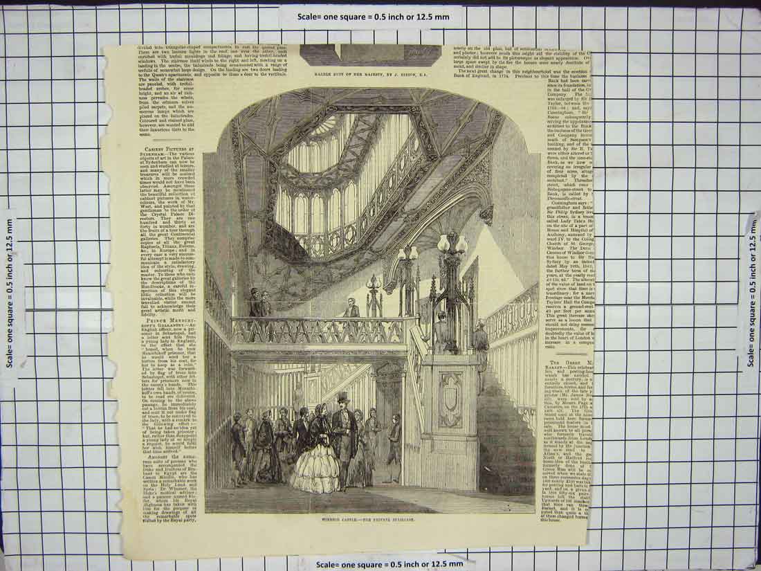 Original Old Antique Print Windsor Castle Private Staircase Architecture