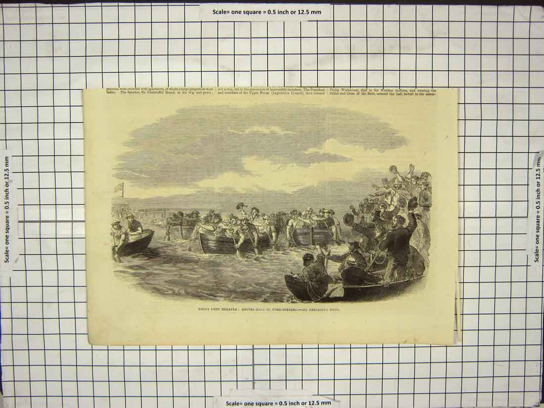 Original Old Antique Print King'S Lynn Regatta Shovel-Race Corn-Porters Boats