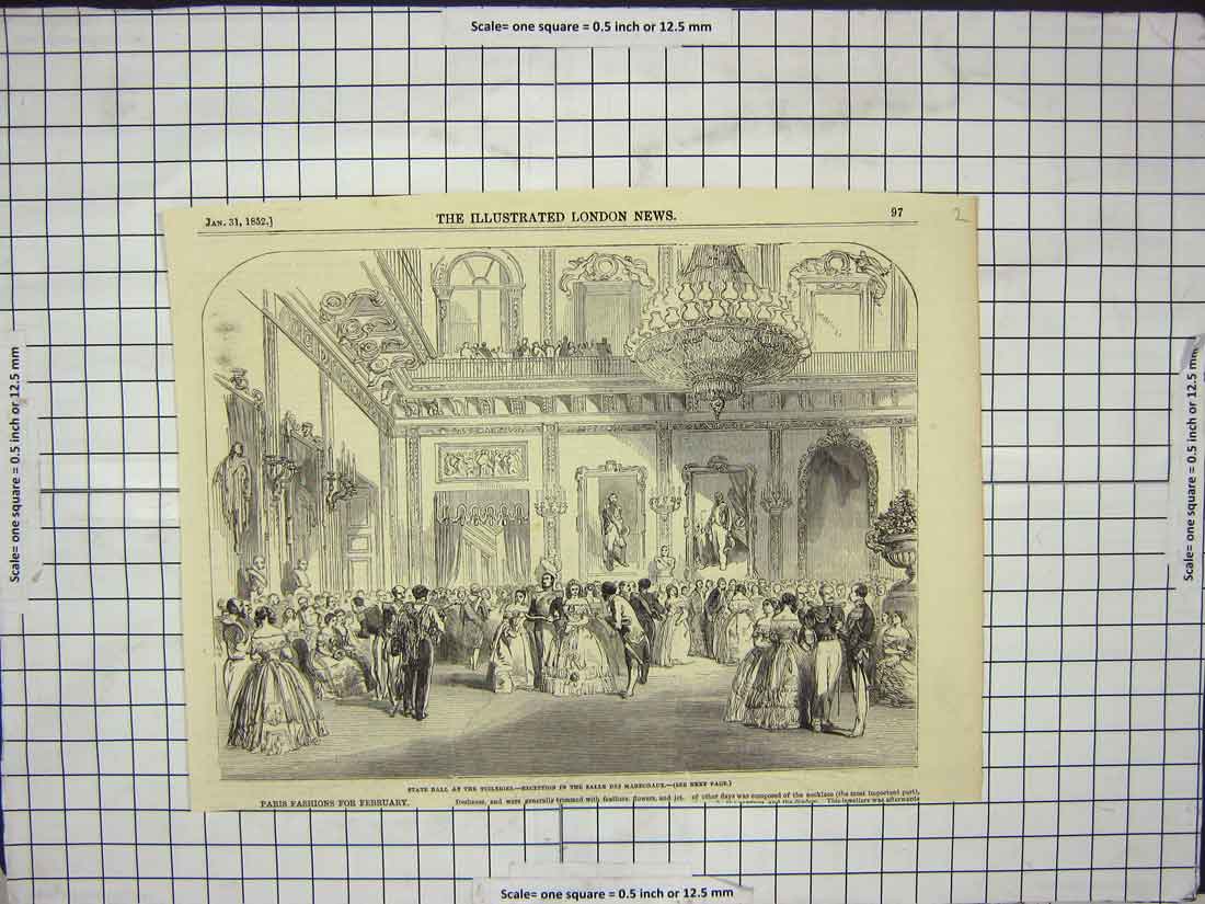 Original Old Antique Print 1852 State Ball Tuileries Reception Salle Marechaux