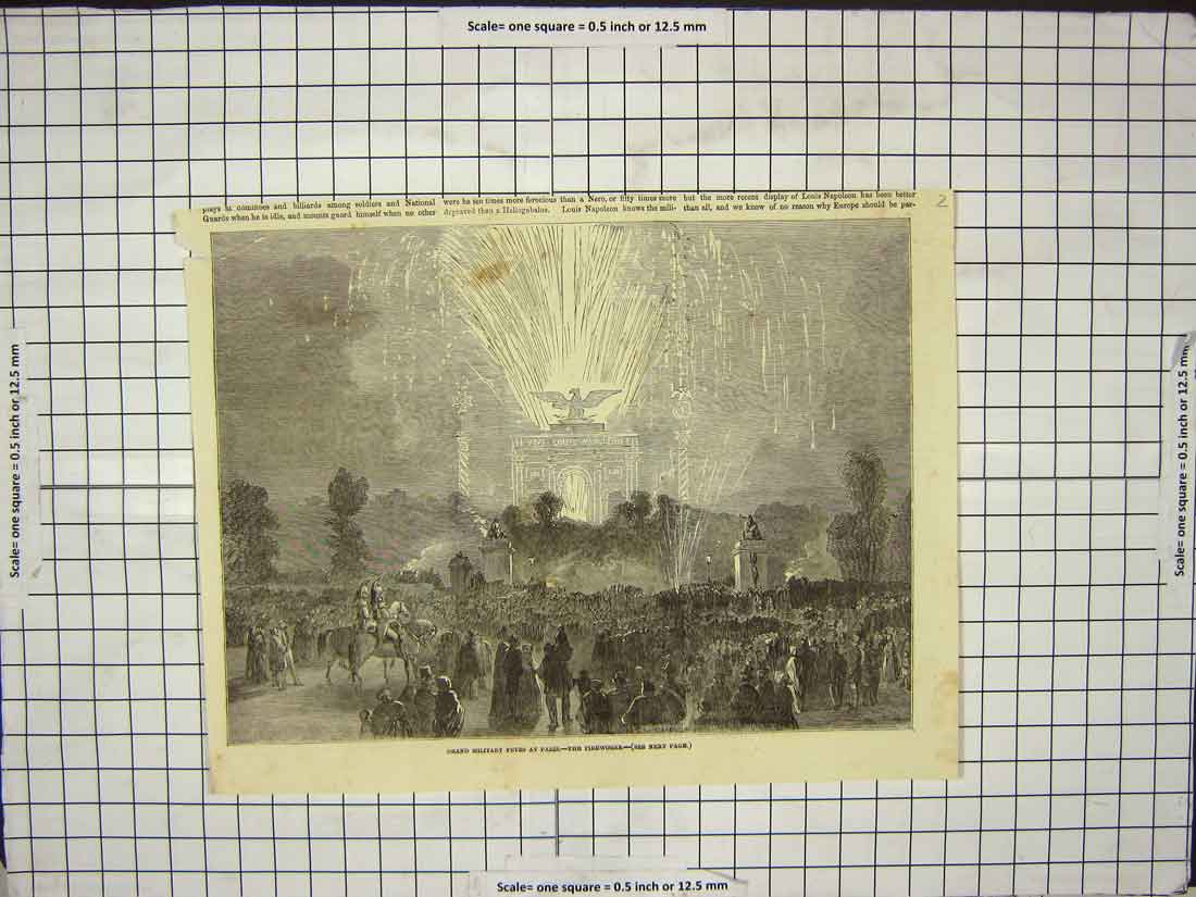 Original Old Antique Print Grand Military Fetes Paris Fireworks Fine Art