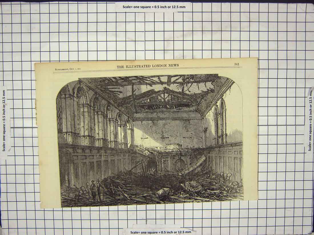 Original Old Antique Print 1864 Fine Art Ruins Building Fire Destruction 19th