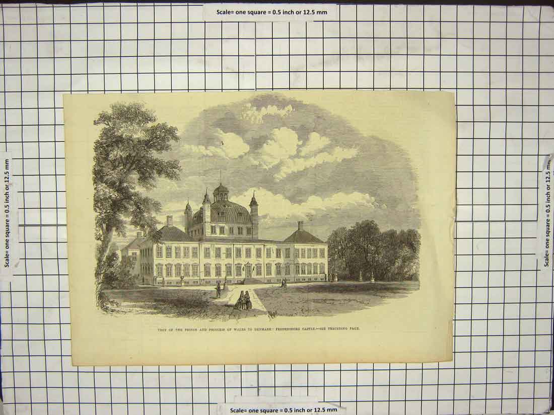Original Old Antique Print Prince Wales Denmark Fredensborg Castle Architecture