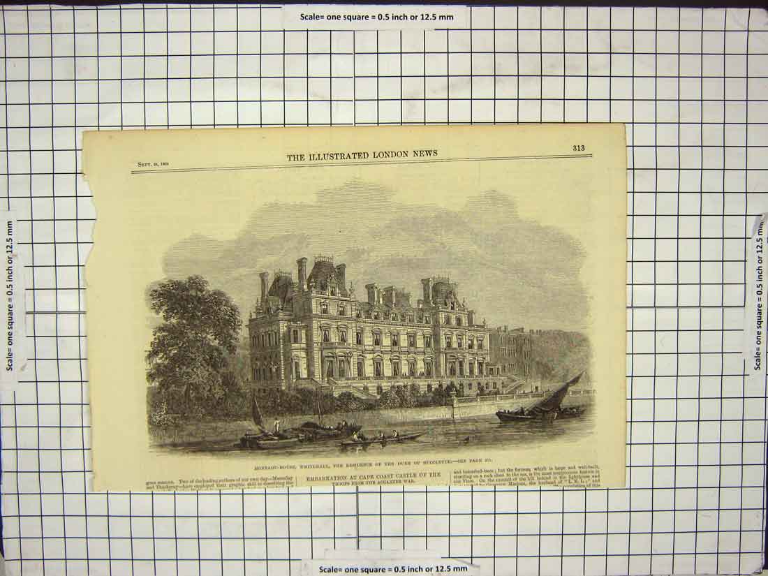 Original Old Antique Print 1864 Montagu-House Whitehall Duke Buccleuch Boats