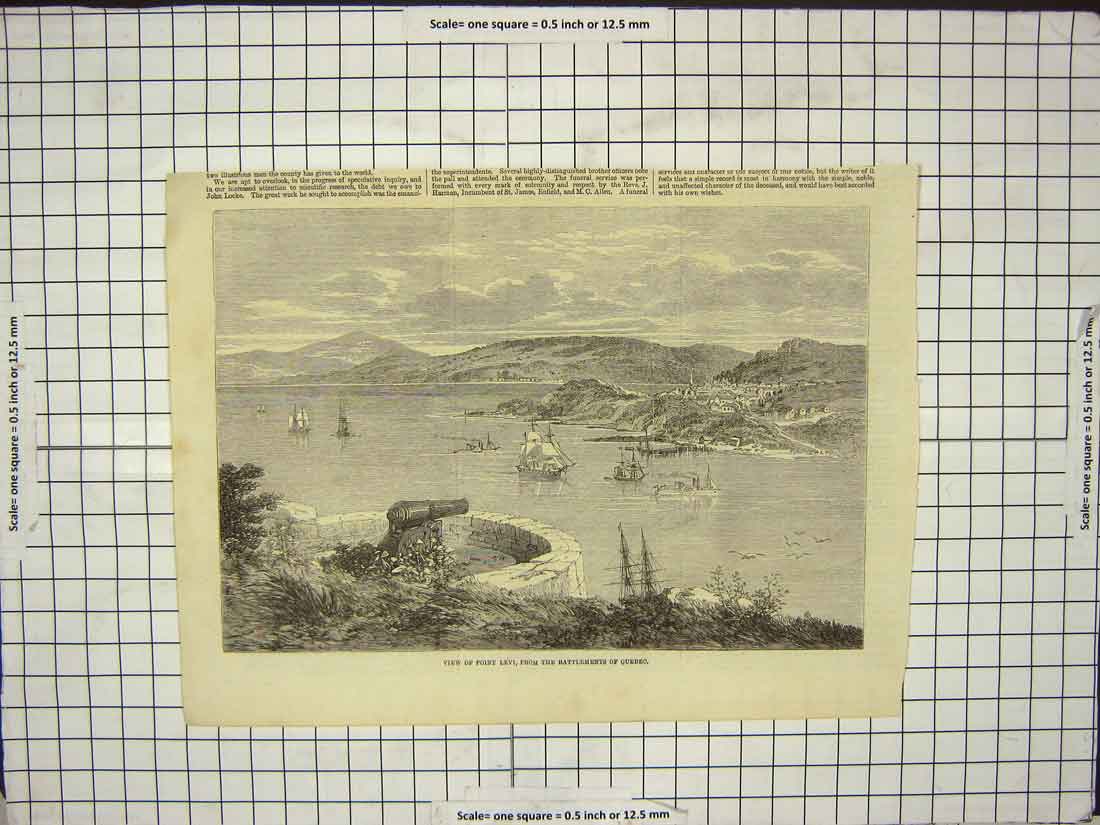 Original Old Antique Print View Point Levi Battlements Quebec Canada Ships