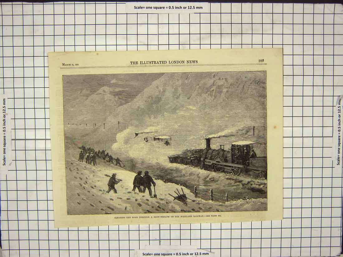 Original Old Antique Print 1866 Snow Storm Highland Railway Train Scotland 19th