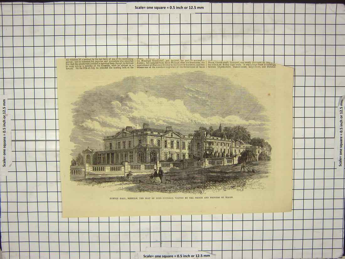 Original Old Antique Print Gunton Hall Norfolk Lord Suffield Prince Wales