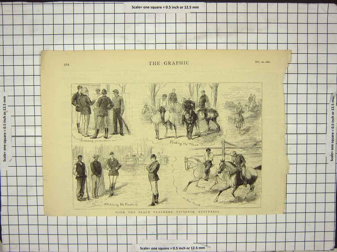 Original Old Antique Print 1881 Black Trackers Victoria Australia Horses Sport