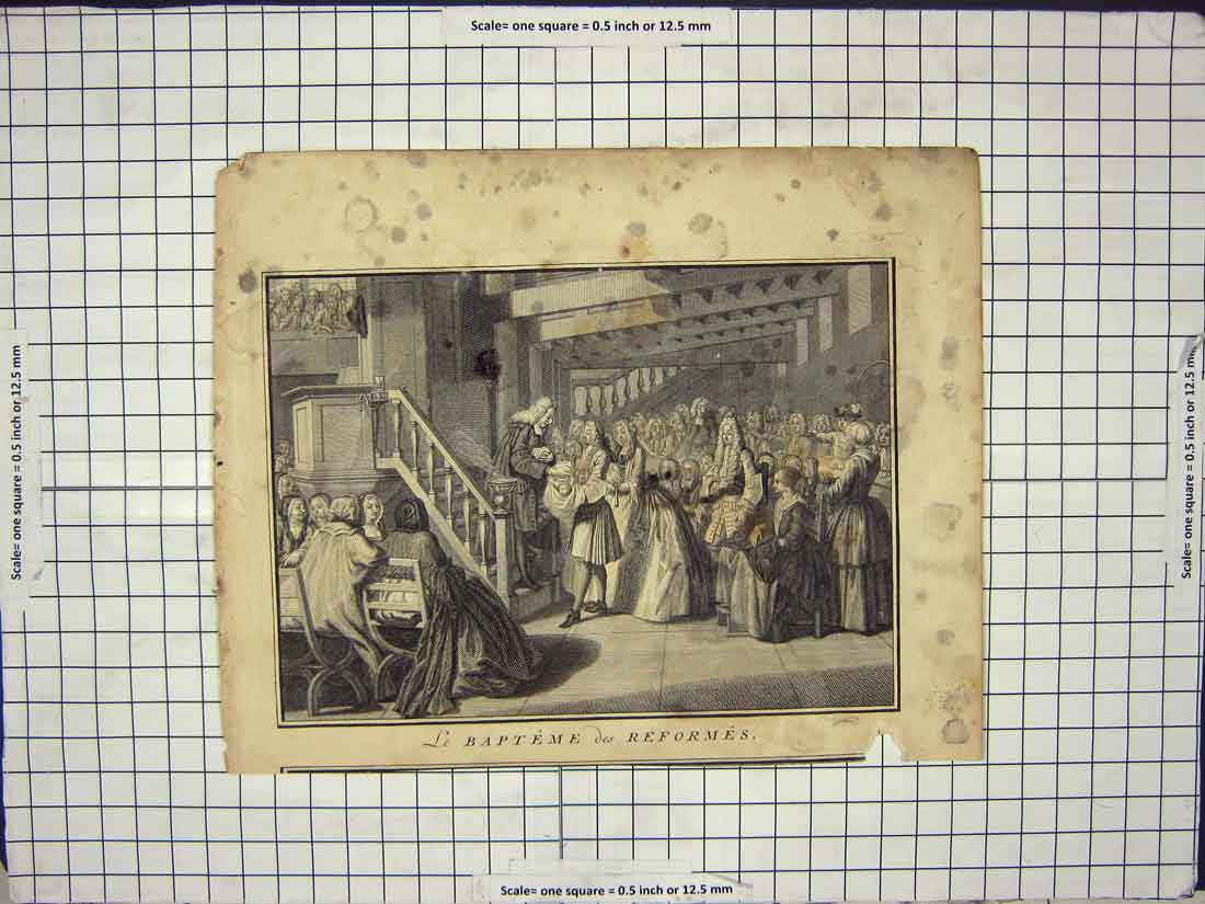 Original Old Antique Print Family Scene Babies Christening Children