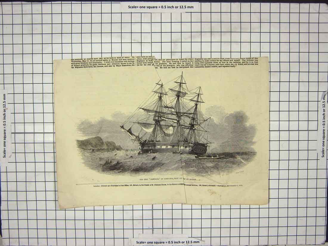 Original Old Antique Print 1852 Ship Centaur Calcutta Lost Arabia Victorian