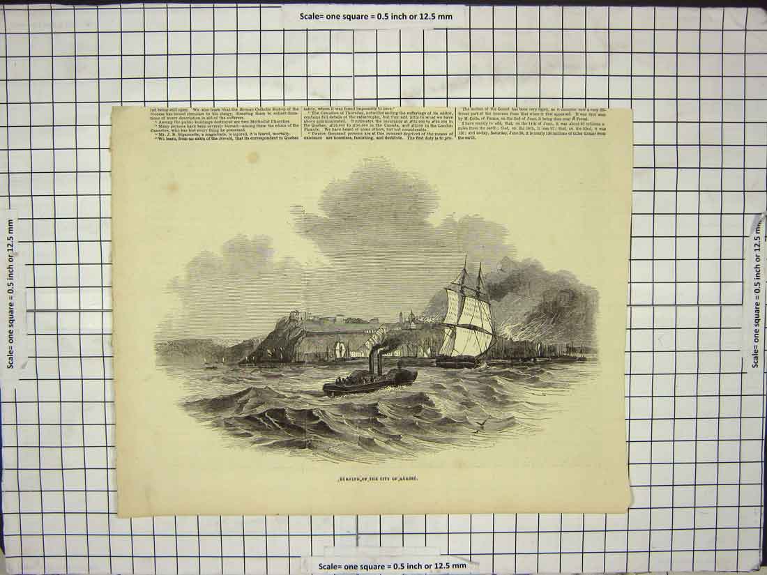 Original Old Antique Print Burning City Quebec Fire Canada Ships Steam-Boat