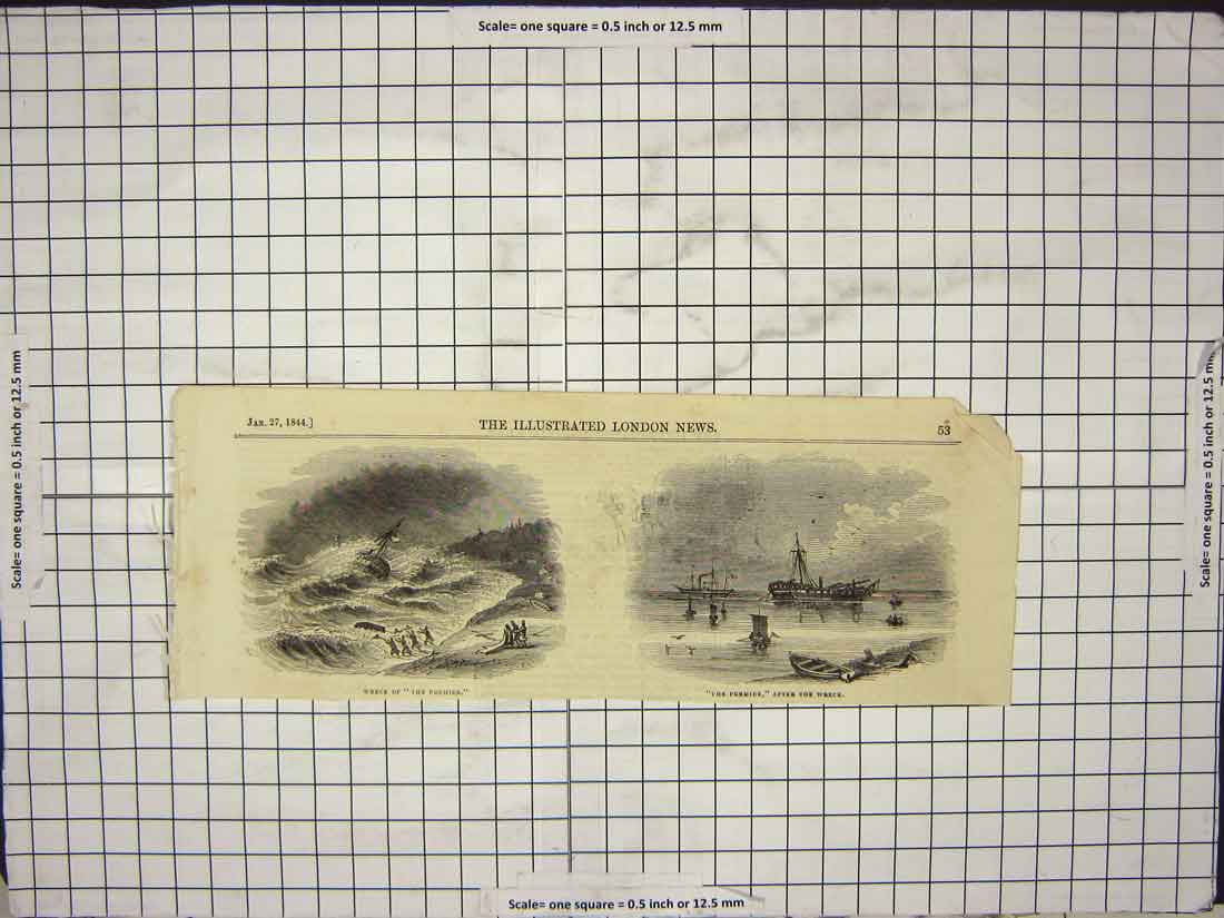 Original Old Antique Print 1844 Ship Wreck Premier Stormy Sea 19th