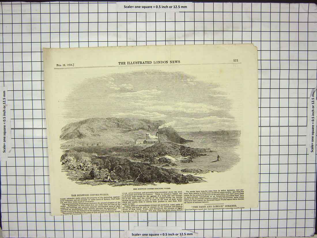 Original Old Antique Print 1854 Burwood Copper-Smelting Works Sea Cliffs 19th