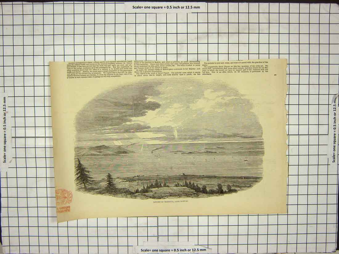Original Old Antique Print Louisburg Harbour Cape Breton Ships