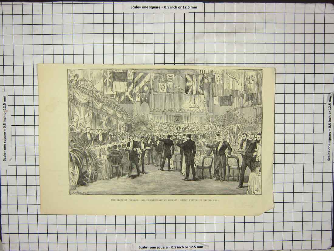 Original Old Antique Print Ireland Mr. Chamberlain Belfast Meeting Ulster Hall