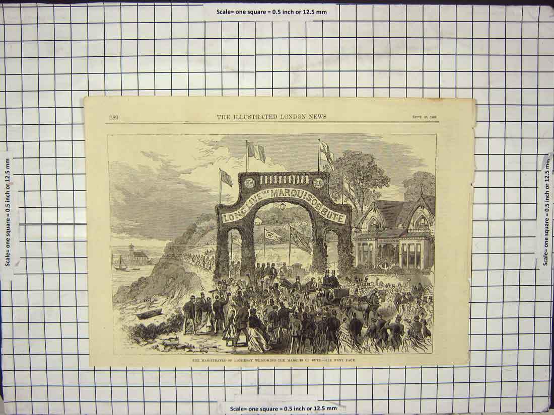 Original Old Antique Print Scene Magistrates Rothesay Welcoming Marquis Bute