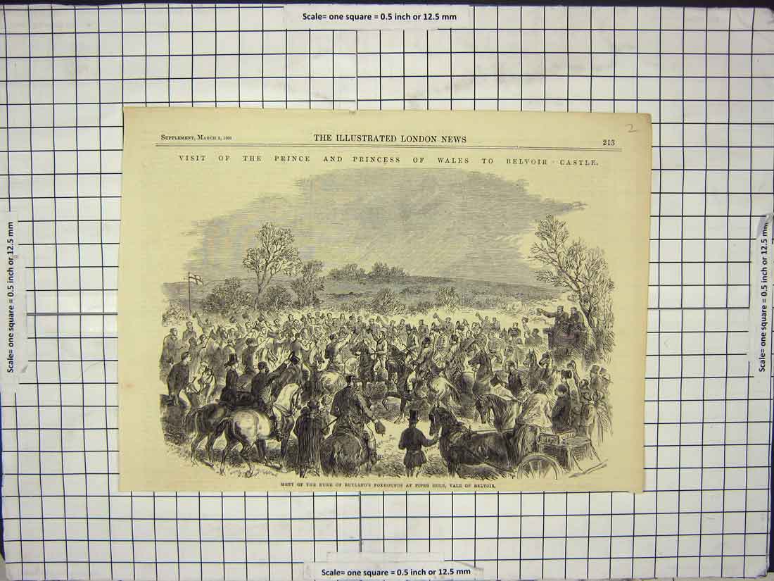 Old Antique Print 1866 Duke Rutland Foxhounds Piper Hole Bevloir Castle 19th