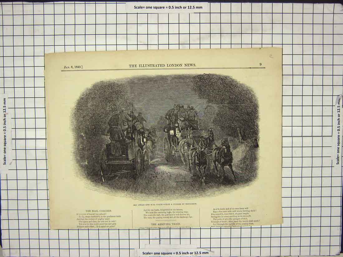 Original Old Antique Print 1849 Style Mail Coach Horses Letters Fine Art 19th