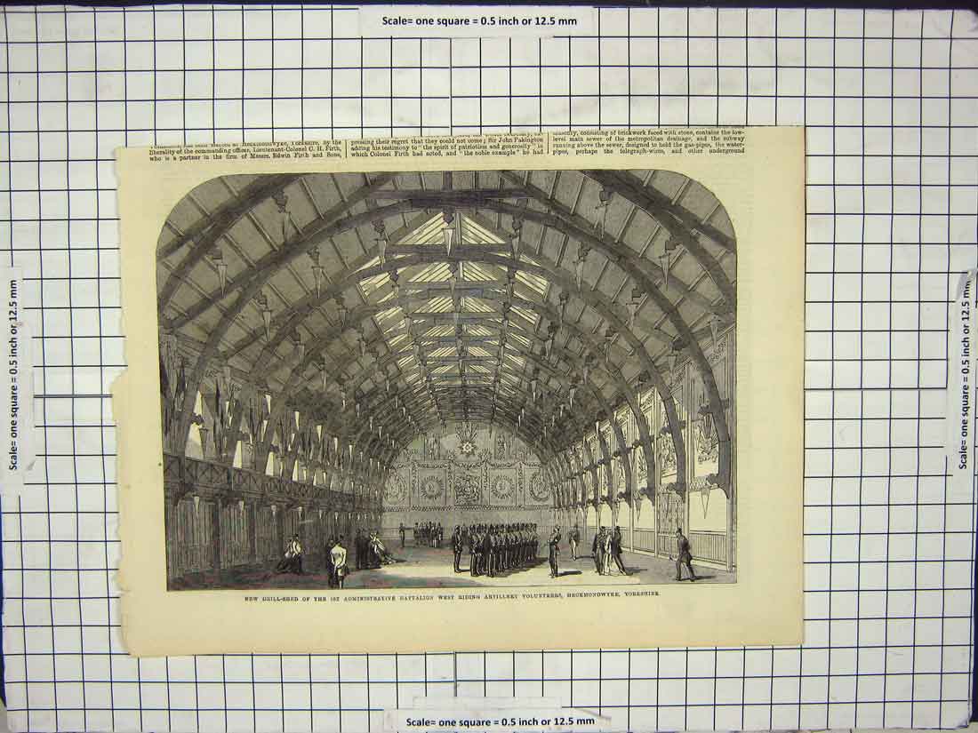 Original Old Antique Print Drill Shed West Riding Battalion Artillery Yorkshire