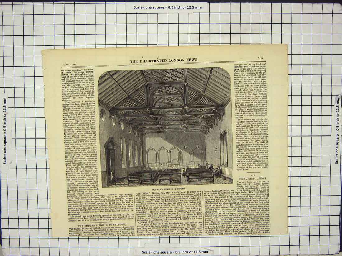 Original Old Antique Print 1867 Bunyan'S Schools Bedford Chldren Antqu 19th
