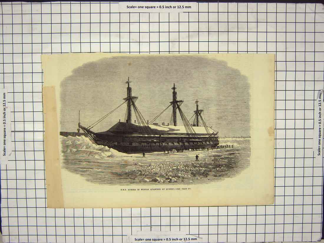 Original Old Antique Print H.M.S. Aurora Winter Quarters Quebec Ship Ice 20th