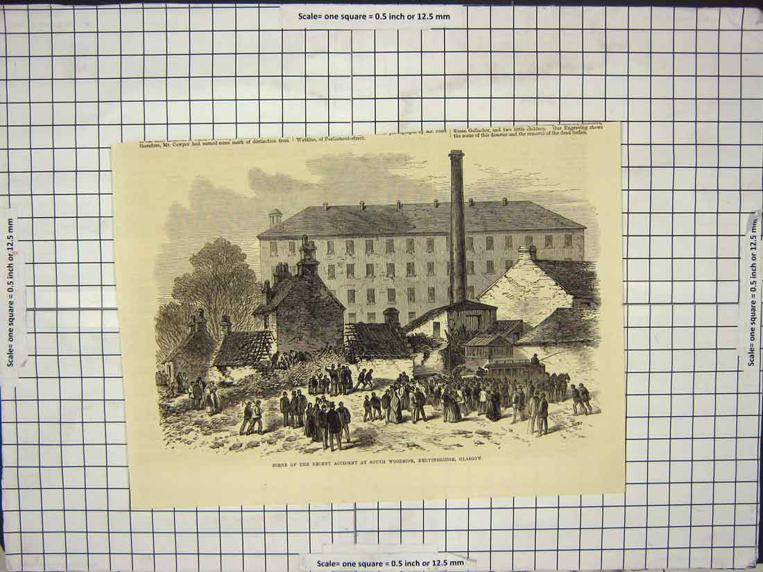 Original Old Antique Print Scene Accident South Woodside Kelvinbridge Glasgow
