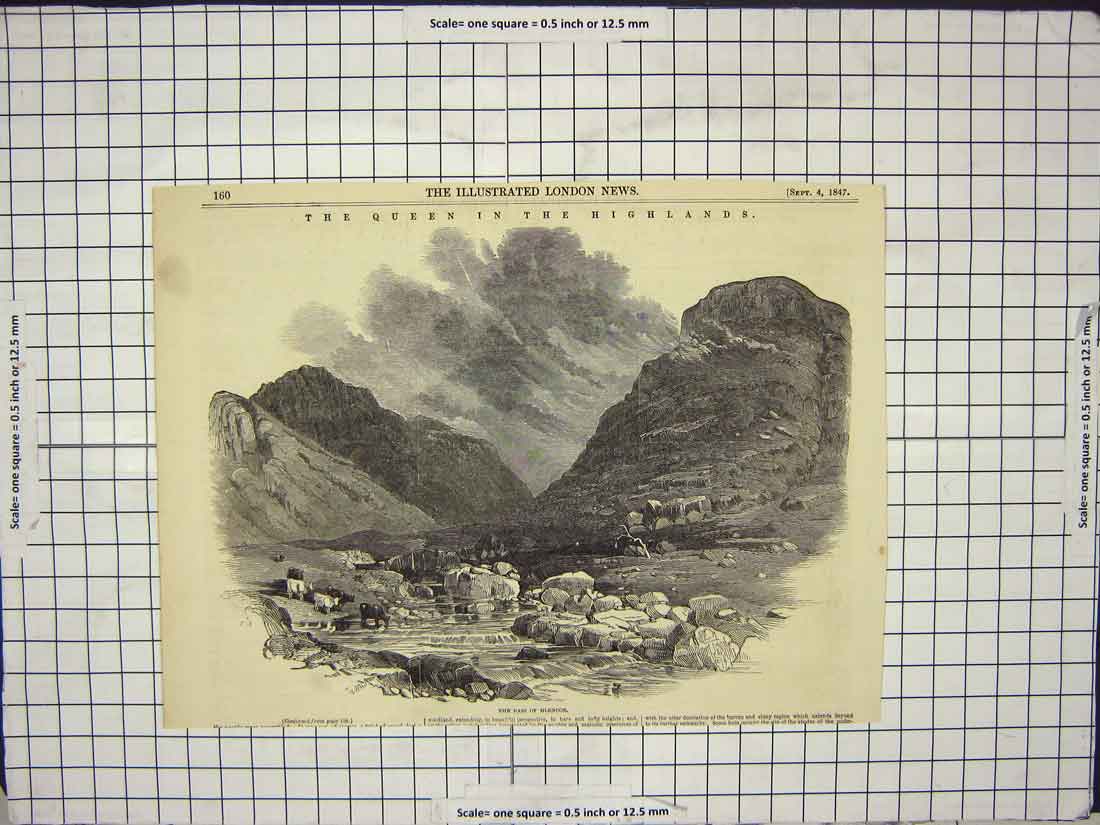 Original Old Antique Print 1847 Queen Scotland Pass Glencoe Mountains River