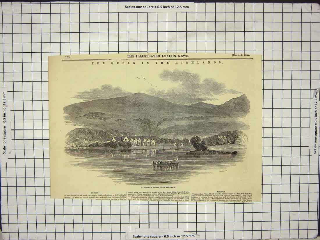 Original Old Antique Print 1847 Queen Scotland Ardverekie Lodge Loch Mountains