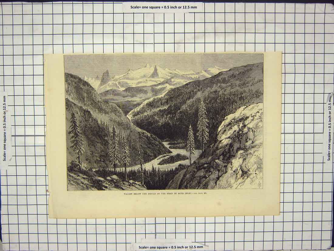 Original Old Antique Print Valley Defile Head Bute Inlet River Mountains Trees