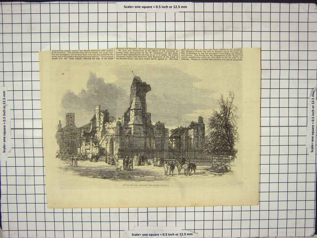 Original Old Antique Print Ruins Trinity Wesleyan Chapel Horses People