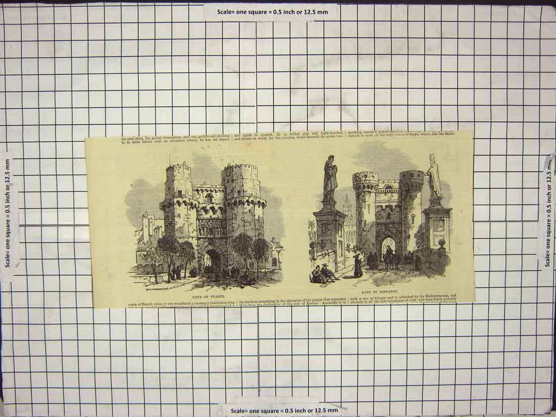 Original Old Antique Print Gate Cuarte Serranos Architecture