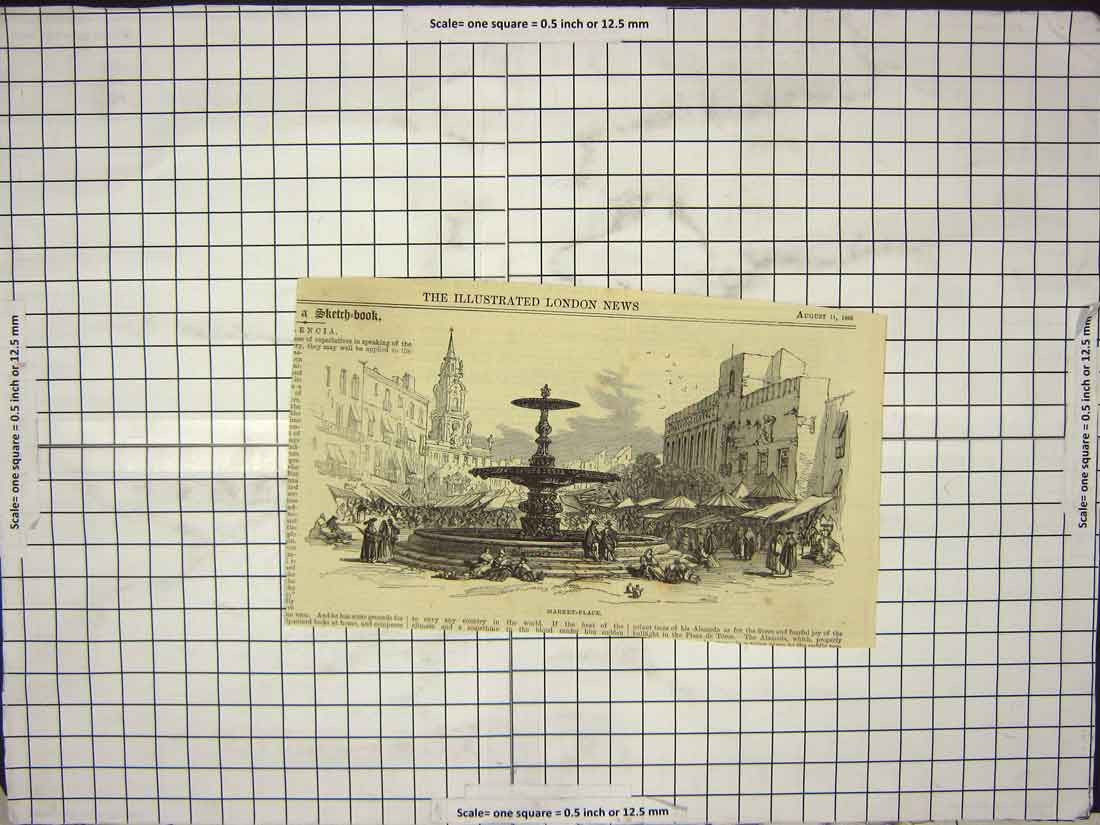 Original Old Antique Print 1866 Market Place Fountain Street Valencia Victorian