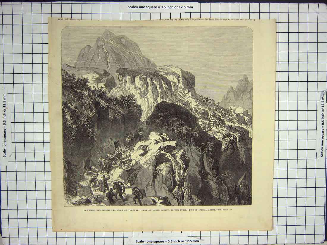 Old Antique Print War Garibaldians Artillery Monte Pagano Tyrol Mountains