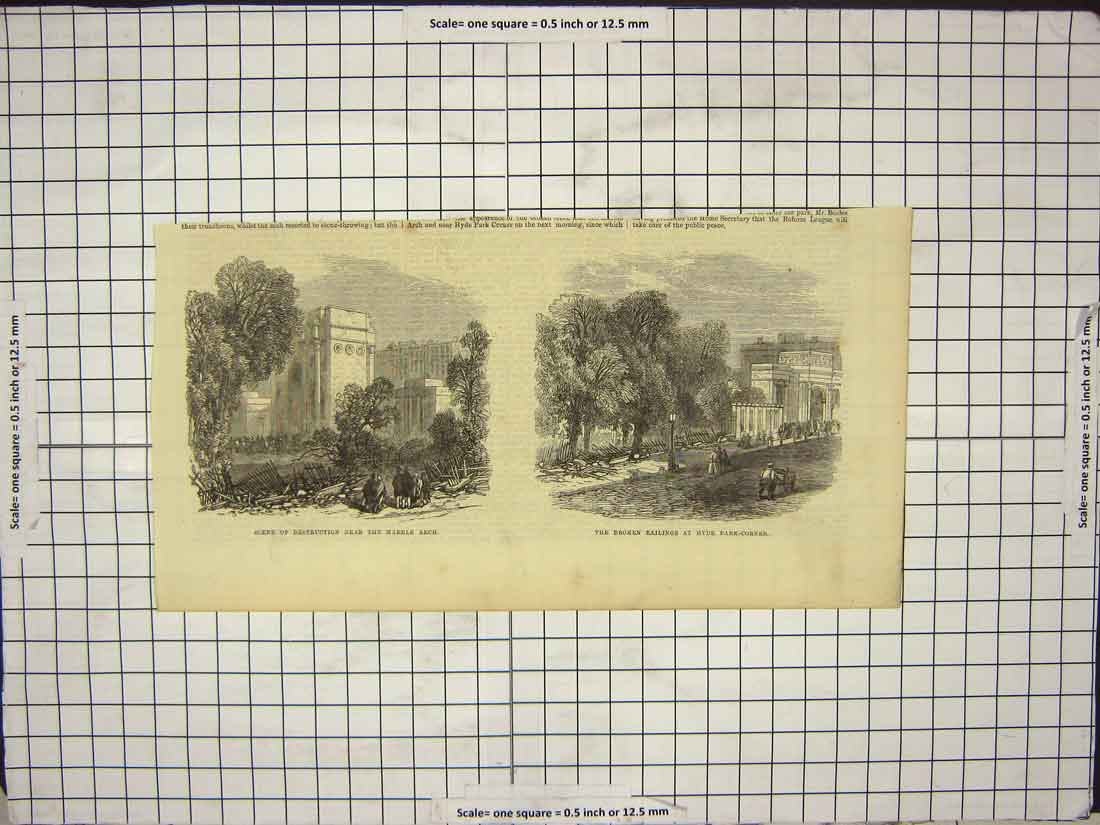 Old Antique Print Scene Destruction Marble Arch Railings Hyde Park London