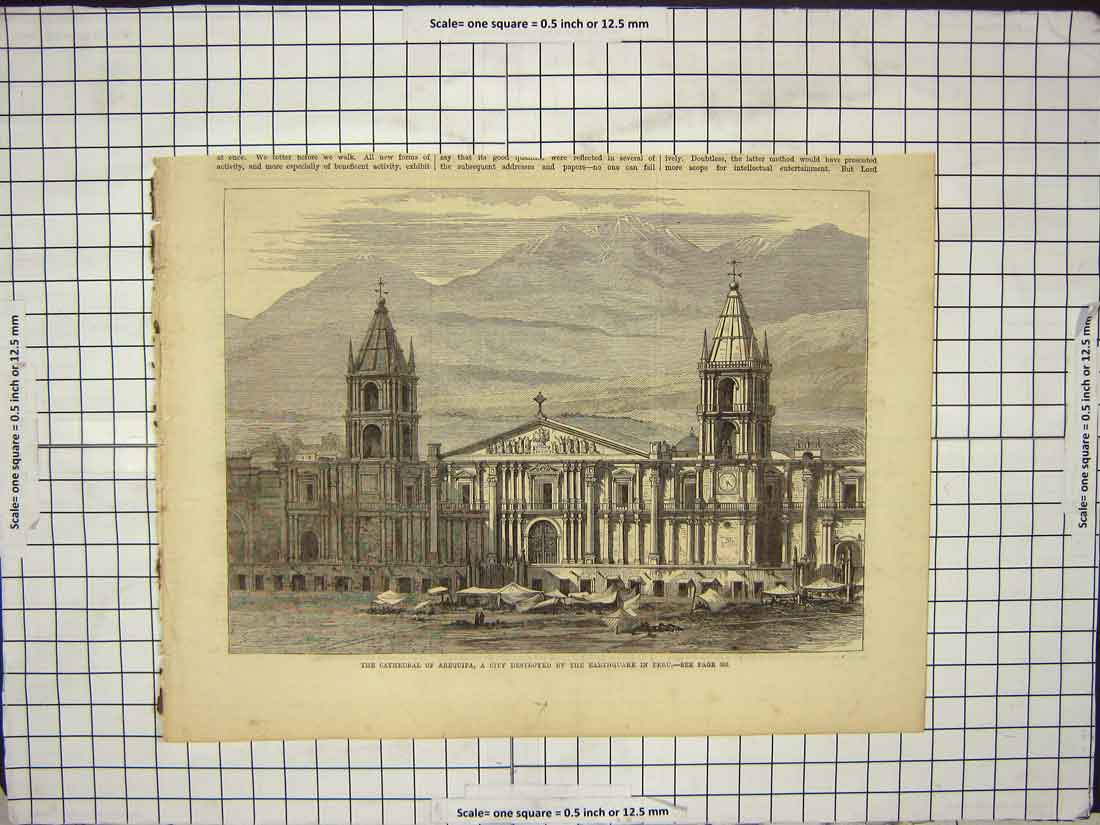 Original Old Antique Print Cathedral Arequipa Buildings Architecture Peru