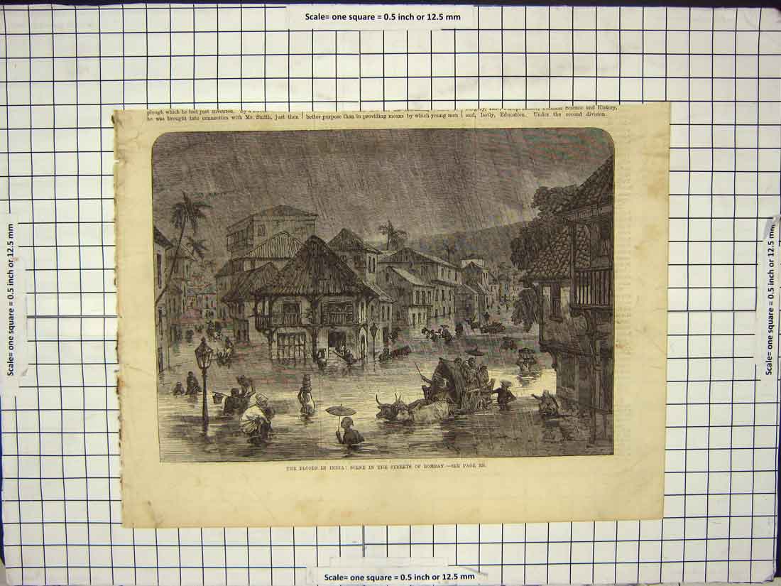 Original Old Antique Print Floods India River Streets Bombay Cattle Houses