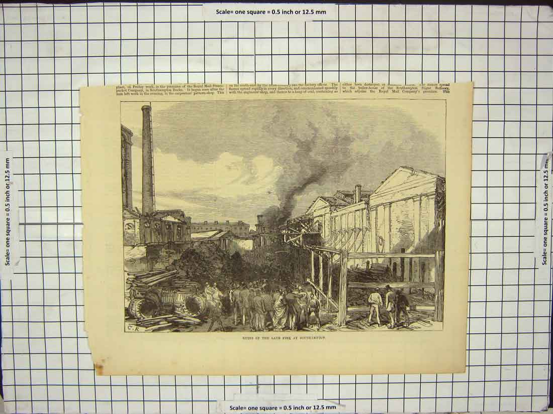 Original Old Antique Print Ruins Late Fire Southampton England