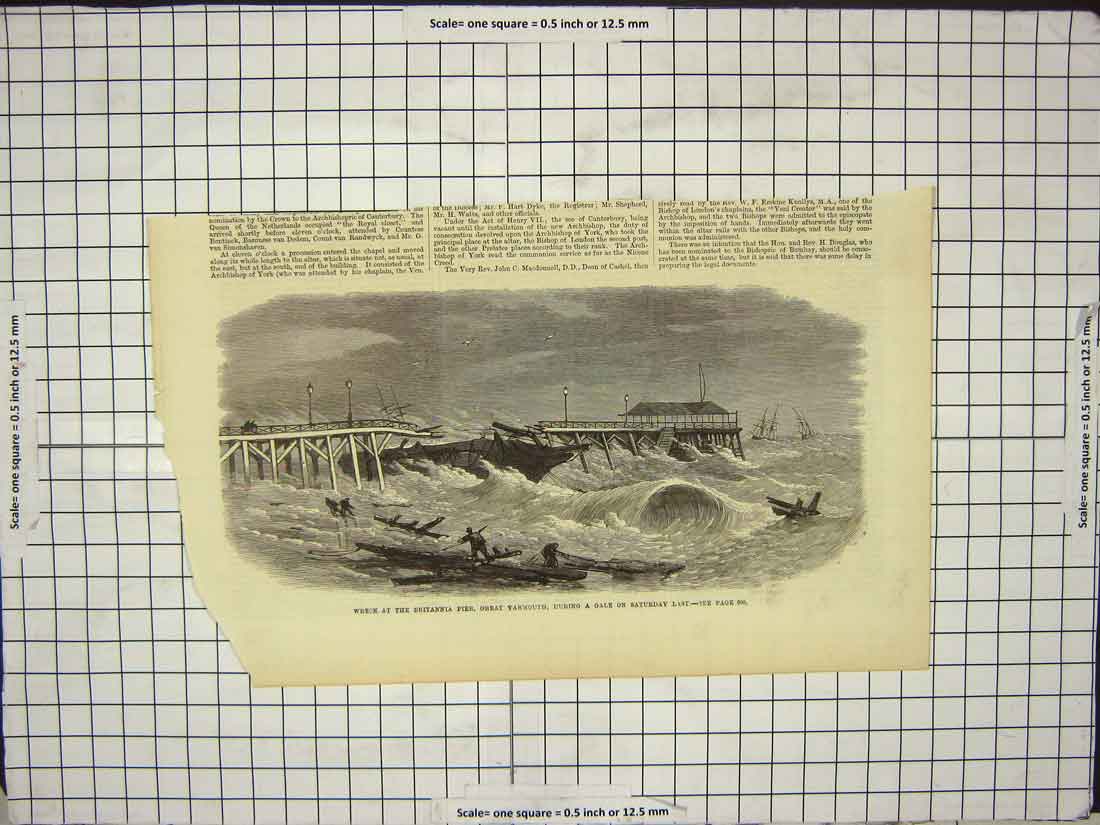 Old Antique Print Ship Wreck Britannia Pier Great Yarmouth Gale Storm Sea