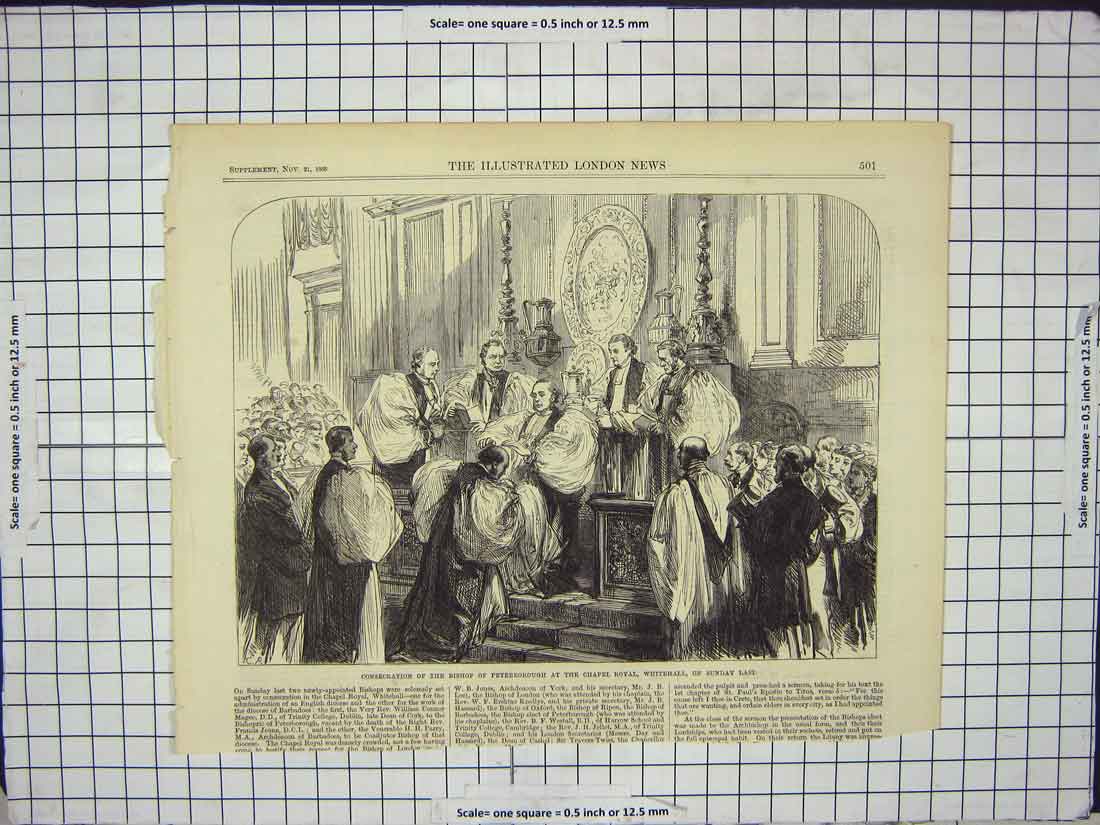 Old Antique Print 1868 Consecration Bishop Peterborough Chapel Whitehall 19th