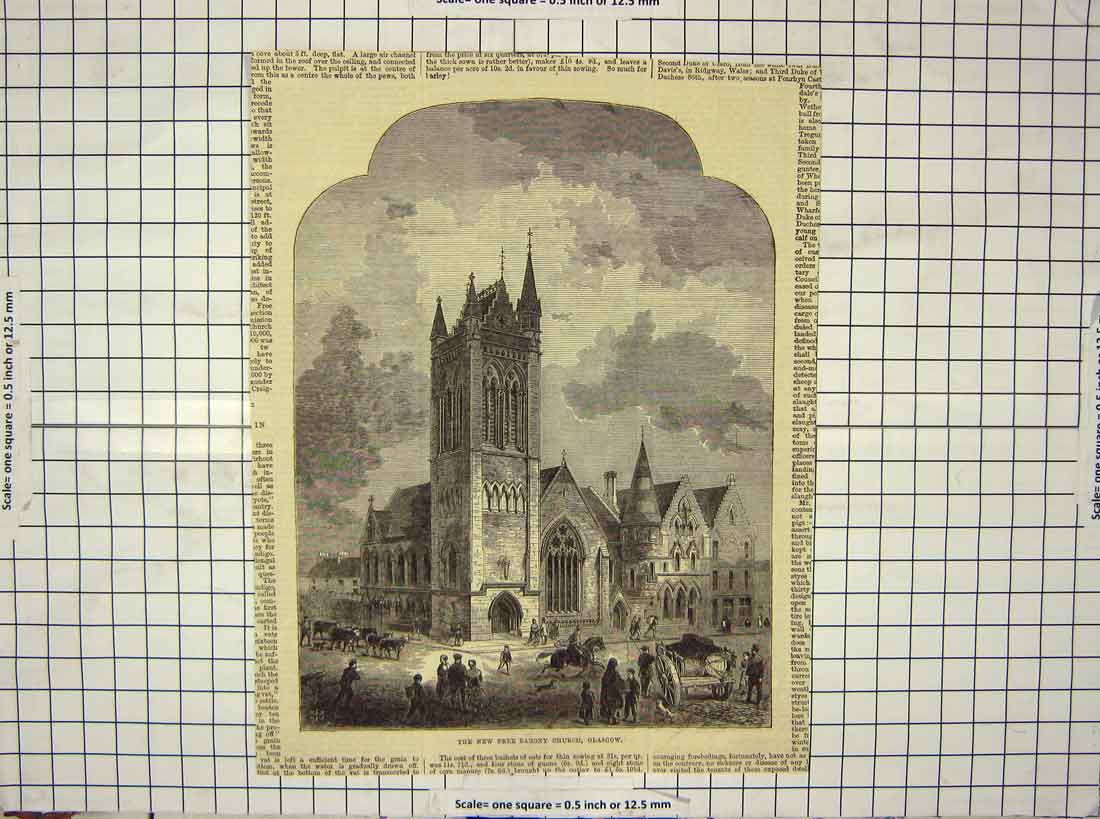 Original Old Antique Print Exterior Free Barony Church Glasgow Architecture