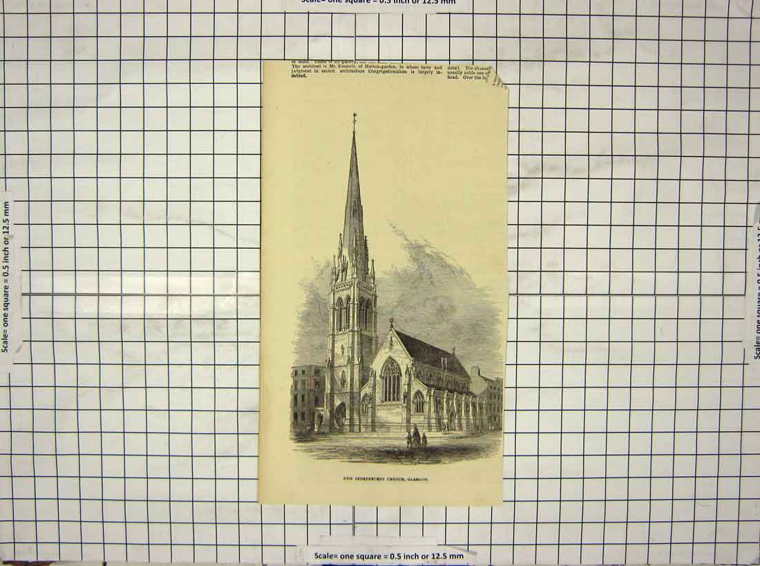 Original Old Antique Print Independent Church Glasgow Architecture Scotland