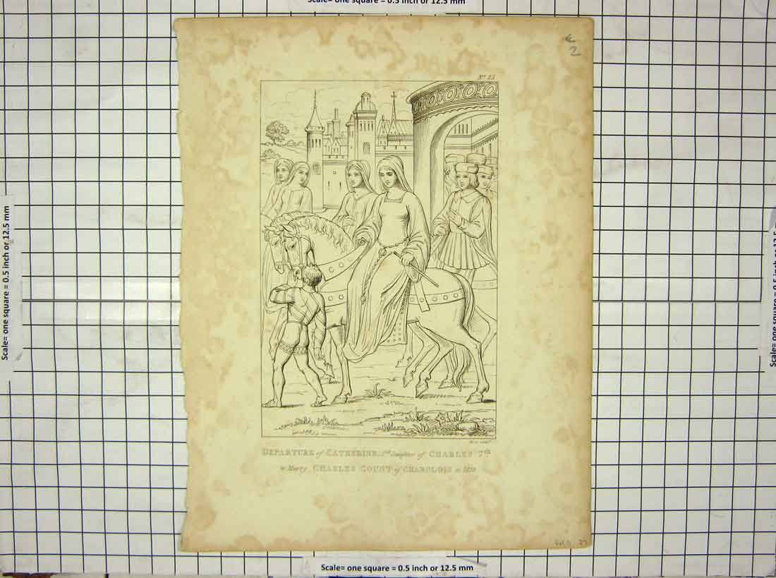 Original Old Antique Print Departure Catherine Daughter King Charles Wedding