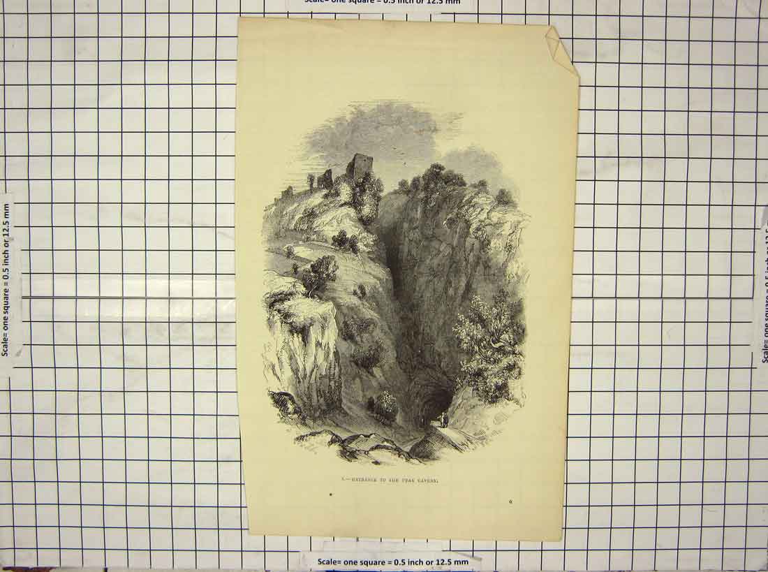 Original Old Antique Print Ref.891 Scene Entrance Peak Cavern Mountain Caves